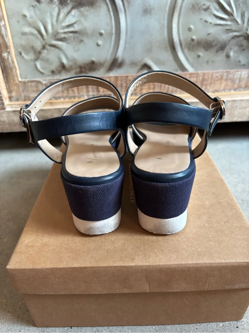Navy Blue Platform Sandals, Sz. 8